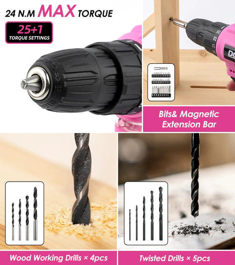 Pink 147 Piece Tool Kit With Twelve Volt Cordless Drill And Three Eighth Inch Keyless Chuck Built In LED Type C Charge Cable Women Friendly Home DIY Set For All shown with drill bits.
