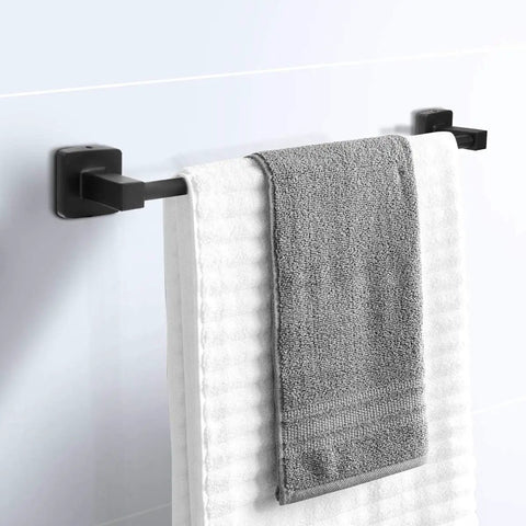 Matte Black 4 Piece Bathroom Hardware Set With 17 Inch Towel Bar, Towel Ring, Toilet Paper Holder And Wall Hook in use