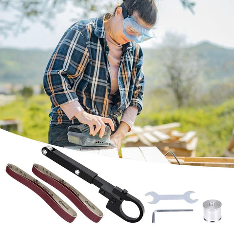 Heavy Duty Angle Grinder Belt Sander Attachment Portable Sanding Adapter With Stable Alloy Bracket For Woodworking Precision Grinding and Finishing Projects Easy To Use Tool Accessory with sanding belts and tools.