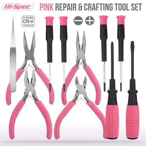 11 Piece Pink Womens Compact Crafts And Home DIY Tool Kit Set With Pliers Cutters And Precision Screwdrivers For Ladies