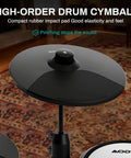 Electric Drum Set With Quiet Mesh Pads For Beginners USB MIDI Ready Kit Including Throne Headphones Sticks 15 Kits And 195 Sounds Realistic Feel For Practice And Performance Ideal Starter Set For Teens cymbal close-up