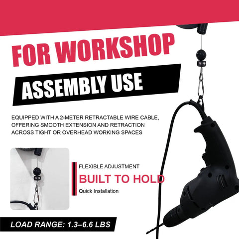 Heavy Duty Tool Balancer With 79 Inch Retractable Cable shown suspending electric screwdriver for workshop use