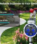 Water Timer For Hose Sprinkler Garden Irrigation Controller With Two Dials No Water Pressure Required Adjustable Schedule shown attached to hose