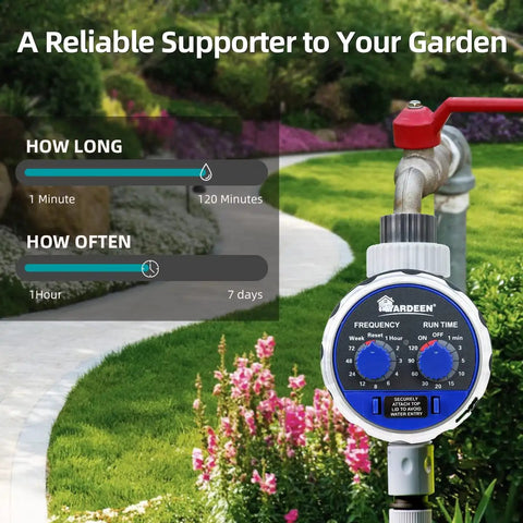 Water Timer For Hose Sprinkler Garden Irrigation Controller With Two Dials No Water Pressure Required Adjustable Schedule shown attached to hose