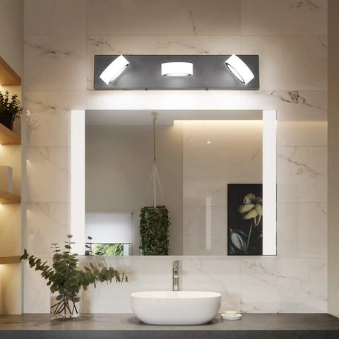 Bathroom with Led Vanity Light Fixture, Rotating Round Acrylic Design In Black Metal For bathroom, Modern Home Lighting