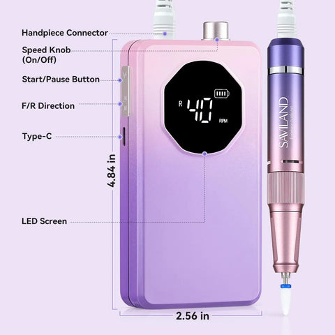 40,000 RPM Nail Drill For Pros With 30 Second Acrylic Removal And Low Noise Electric Nail File For Gel And Acrylic Nails Long Battery Life For All Day Mobile Salon Use In Gradient Purple, showing components and dimensions