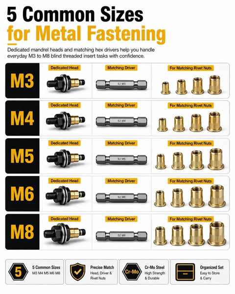 Rivet Nut Tool Kit for Carbon Steel M3 Through M8 with Drill Adapter and 5 Mandrel Heads plus Cr-Mo Steel Hex Drivers, All-In-One Rivet Nut Installation Set for Fast, Pro-Grade Repairs and Projects, M3-M8 sizes