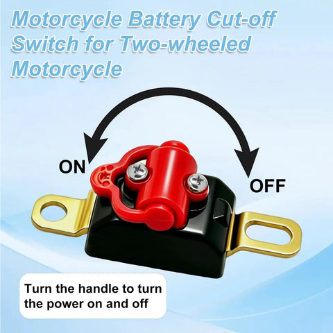 Heavy Duty Pure Copper Motorcycle Battery Cut Off Switch With 100A Breaker showing ON and OFF positions, ideal for two-wheeled motorcycles.