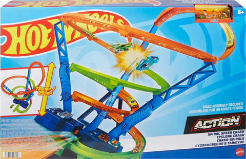 Box of Spiral Speed Crash Track Set with Motorized Booster, 29 Inch Tall Track, Includes One To Sixty Four Scale Car on display