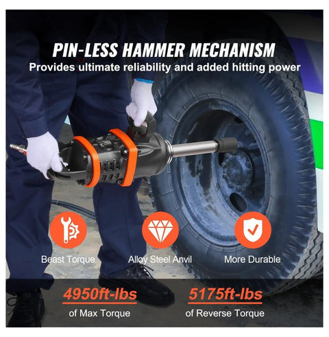 Professional Grade One Inch Air Impact Wrench Built Like A Tank To Handle Heavy Duty Tasks With 5175 Foot Pounds Breakaway Torque For Semi Trucks Buses And Shop Floor Mechanics Featuring An Eight Inch Extended Reach Anvil in use on a tire.
