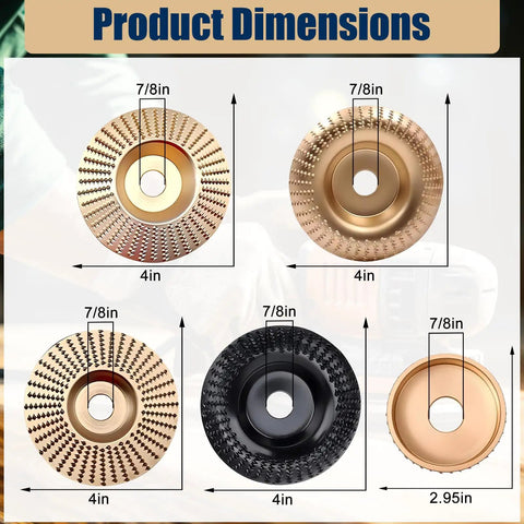 All In One Pro Grade Wood Carving Disc Kit For Angle Grinders, Five Piece Set With varying disc sizes and 5/8-inch arbor.