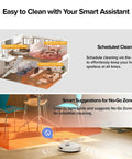 Diagram showing hands free robot vacuum and mop with 7-9 weeks self emptying, demonstrating scheduled cleaning and no-go zones.