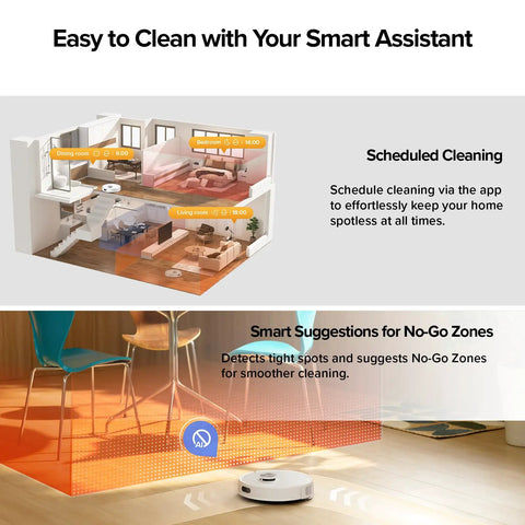 Diagram showing hands free robot vacuum and mop with 7-9 weeks self emptying, demonstrating scheduled cleaning and no-go zones.