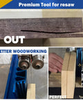 Collage showing the 7 Inch Bandsaw Resaw Guide For 14 Inch Band Saws Pro Grade Narrow Cut Accessory for precision resawing.