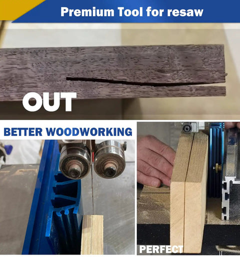 Collage showing the 7 Inch Bandsaw Resaw Guide For 14 Inch Band Saws Pro Grade Narrow Cut Accessory for precision resawing.