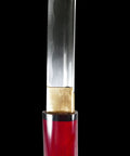 Close-up of the blade and scabbard of a Burgundy Red Shirasaya Samurai Katana Dope Hand Honed High Carbon Steel Razor Sharp 27 Inch Blade