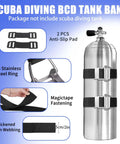 Scuba Dive Tank Strap BCD Band With 304 Stainless Cam Buckles And Non Slip Pads on tank, 2 Pack, nylon webbing shown