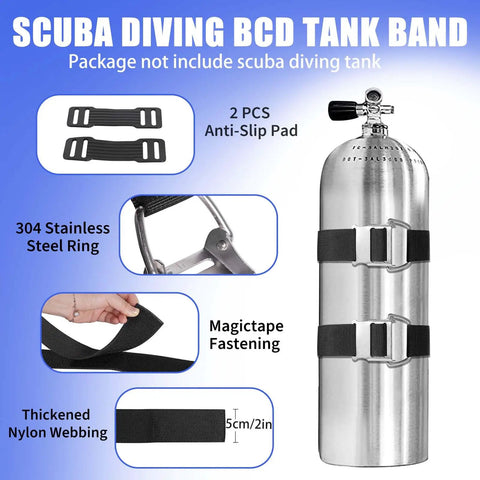 Scuba Dive Tank Strap BCD Band With 304 Stainless Cam Buckles And Non Slip Pads on tank, 2 Pack, nylon webbing shown