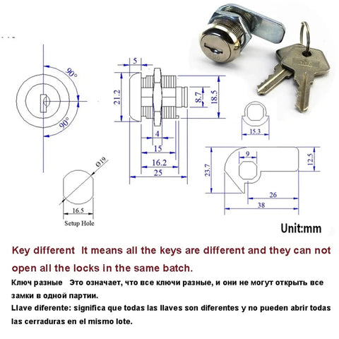 Grab This Heavy Duty Cash Box Cam Lock For Your POS Machine Drawer Or DIY Furniture Hardware Project illustration with dimensions and keys.
