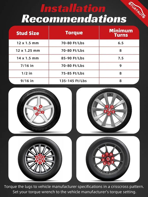 Installation guide for lug nuts showing torque and turns for 12x1.5 Lug Nuts Black 24 Pcs Closed End Bulge Acorn Style For Toyota