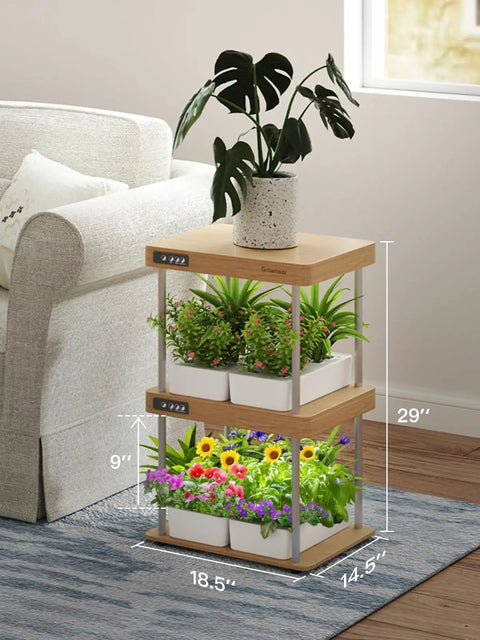 Dope Two Tier Indoor Hydroponic Garden with Full Spectrum LED Grow Lights 32 Pods Solid Wood Frame next to sofa