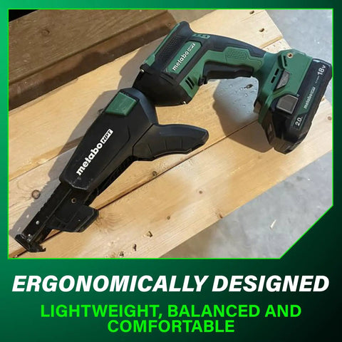Your Go-To 18V MultiVolt Cordless Drywall Screw Gun Kit With Collated Magazine on wooden surface, ergonomic design.