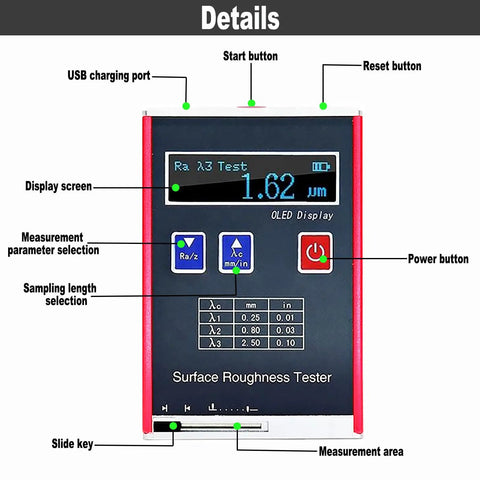 Portable Surface Roughness Tester Meter For Accurate Ra Rz Rq Rt Measurement with OLED display and measurement buttons visible