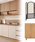 Interior with wooden cabinets, folding screen, and sideboard, showcasing eclectic modern furniture design.