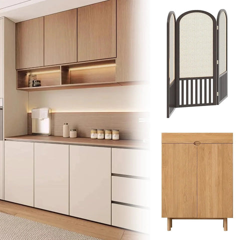Interior with wooden cabinets, folding screen, and sideboard, showcasing eclectic modern furniture design.