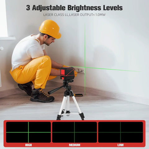 Person using 100ft Green Cross Line Rotary Laser Level With 360 Degree Rotation For Indoor Outdoor Use Self Leveling With Manual Lock Pulse Mode Vertical And Horizontal Lines IP54 Waterproof Battery Included on floor tripod