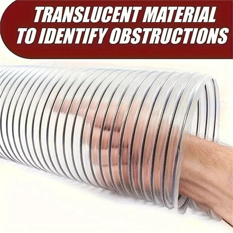 Clear 100mm PVC Bellows Hose For Dust Extraction In The Shop Flexible Corrugated Design Lets You Bend At Any Angle Without Collapsing Or Blocking Airflow See Through Material Reveals Dust Build Up And Keeps Your System Flowing. transparent 100mm hose over hand