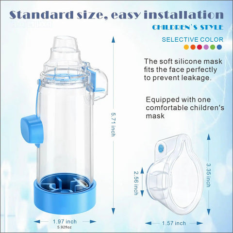 Inhaler Spacer For Adults And Kids NESSI OTC Spacer Green with airflow indicator and seal, size dimensions shown