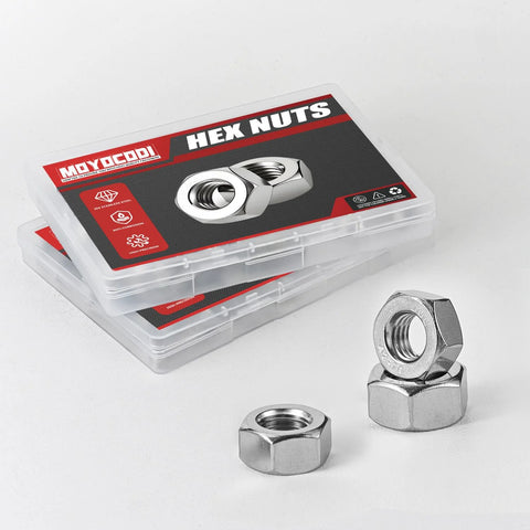Stainless steel M4 hex nuts, 100-pack, bright finish, full-thread, 304/18-8 in plastic storage box