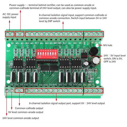 Top view of Eight Channel Logic Level Converter Module No Fuss 5V To 24V And 24V To 5V With Optocoupler Isolation, labeled ports.