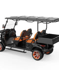 Four Seater Electric Golf Cart With Forty Eight Volt Battery And Full Weatherproof Body Rolls Tight To Sixteen Mph Plus Five Hour Fast Charging with orange seats and rear cargo space.