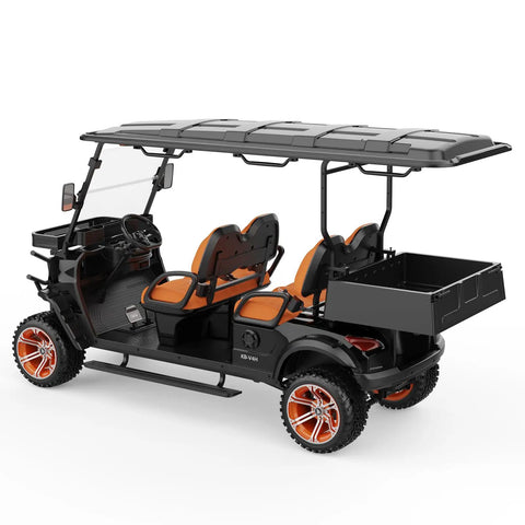 Four Seater Electric Golf Cart With Forty Eight Volt Battery And Full Weatherproof Body Rolls Tight To Sixteen Mph Plus Five Hour Fast Charging with orange seats and rear cargo space.
