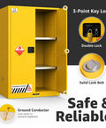 Beefy 330 Gallon Flammable Storage Cabinet With Adjustable Shelves, 75 Inch High By 25 Inch Deep By 50 Inch Wide, Heavy Duty Chemical Safety Cabinet For Large Capacity Liquids, Industrial Grade, Spill Resistant Design, yellow steel cabinet with open door and lock details