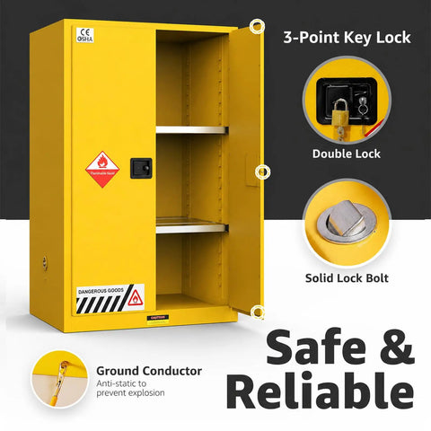 Beefy 330 Gallon Flammable Storage Cabinet With Adjustable Shelves, 75 Inch High By 25 Inch Deep By 50 Inch Wide, Heavy Duty Chemical Safety Cabinet For Large Capacity Liquids, Industrial Grade, Spill Resistant Design, yellow steel cabinet with open door and lock details