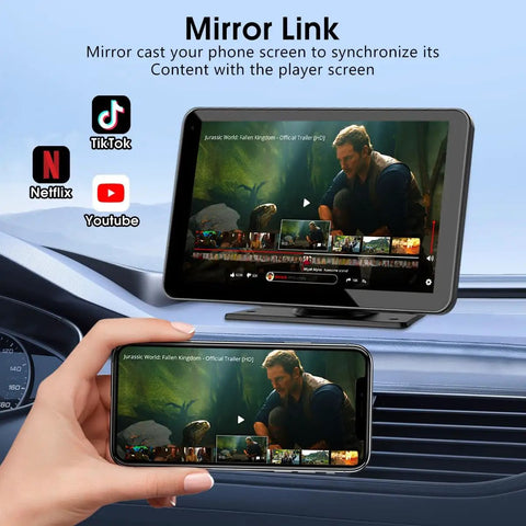 Universal 7 Inch HD CarPlay Screen with wireless CarPlay and Android Auto displaying mirror link function with smartphone