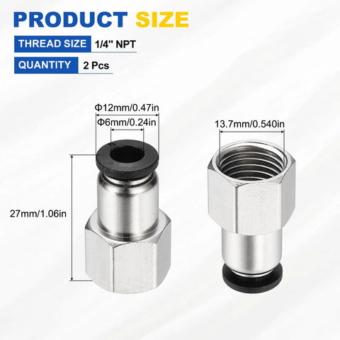 2 Pack Push To Connect Fittings For 0.24 Inch Tubing With 1/4 NPT Female Thread Nickel Plated Brass Straight Pneumatic Quick Connect Adapters For Air Lines Black, showing detailed measurements and nickel plating finish.