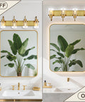 4 Light Vanity Light in painted gold finish with clear glass shades over a bathroom mirror, showing OFF and ON lighting effects.