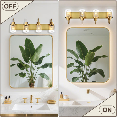 4 Light Vanity Light in painted gold finish with clear glass shades over a bathroom mirror, showing OFF and ON lighting effects.