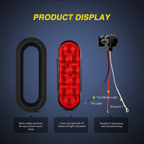 6 Inch Oval Red Beefy Bright LED Trailer Tail Lights 4 Pack With Flush Mount Grommets IP67 Waterproof Stop Turn Brake Modes