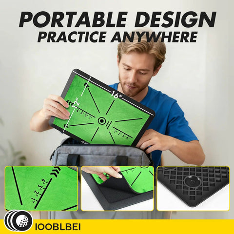 Person holding Portable Golf Hitting Mat With Real Time Swing Path Feedback, 16 By 12 Inch Practice Turf For Indoor Outdoor Use