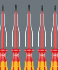 Five red and yellow screwdrivers from Kraftform Kompakt VDE 17 Universal 1 Set For Pros And DIYers With 15 VDE Interchangeable Blades.