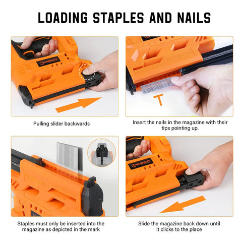 Loading process of Cordless 18 Gauge Brad Nailer and Staple Gun Kit for woodworking and DIY with battery, nails, staples included