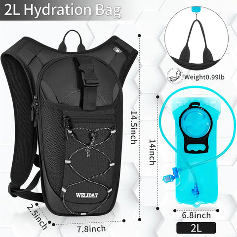 Hydration Backpack With 2L Leak-Proof Water Bladder, Ultra Lightweight Daypack For Rave, Cycling, Running, Hiking, And Climbing