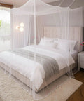 Mosquito Net Bed Canopy With Princess Lace, White Four Corner Support, Fits Twin, Full, Queen, King Sizes, Single Side Opening