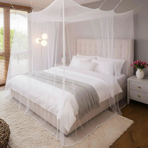 Mosquito Net Bed Canopy With Princess Lace, White Four Corner Support, Fits Twin, Full, Queen, King Sizes, Single Side Opening
