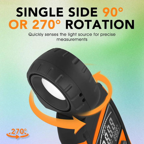 Ultra-Accurate Digital Light Meter 0.1 to 400,000 Lux With Temperature Sensor, Max Min Hold, 90 Degree Rotatable Sensor for Photography, Indoor Lighting, and Plant Growth showing 270° rotating sensor